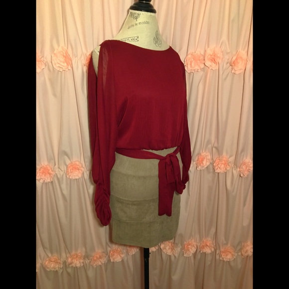 Burgundy Sheer Tan Suede Long Sleeve Dress - Picture 4 of 9
